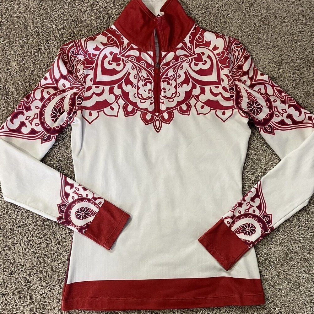 Athleta 1/4 Zip Pullover Shirt Womens Sz XXS Abstract Floral Print Red White